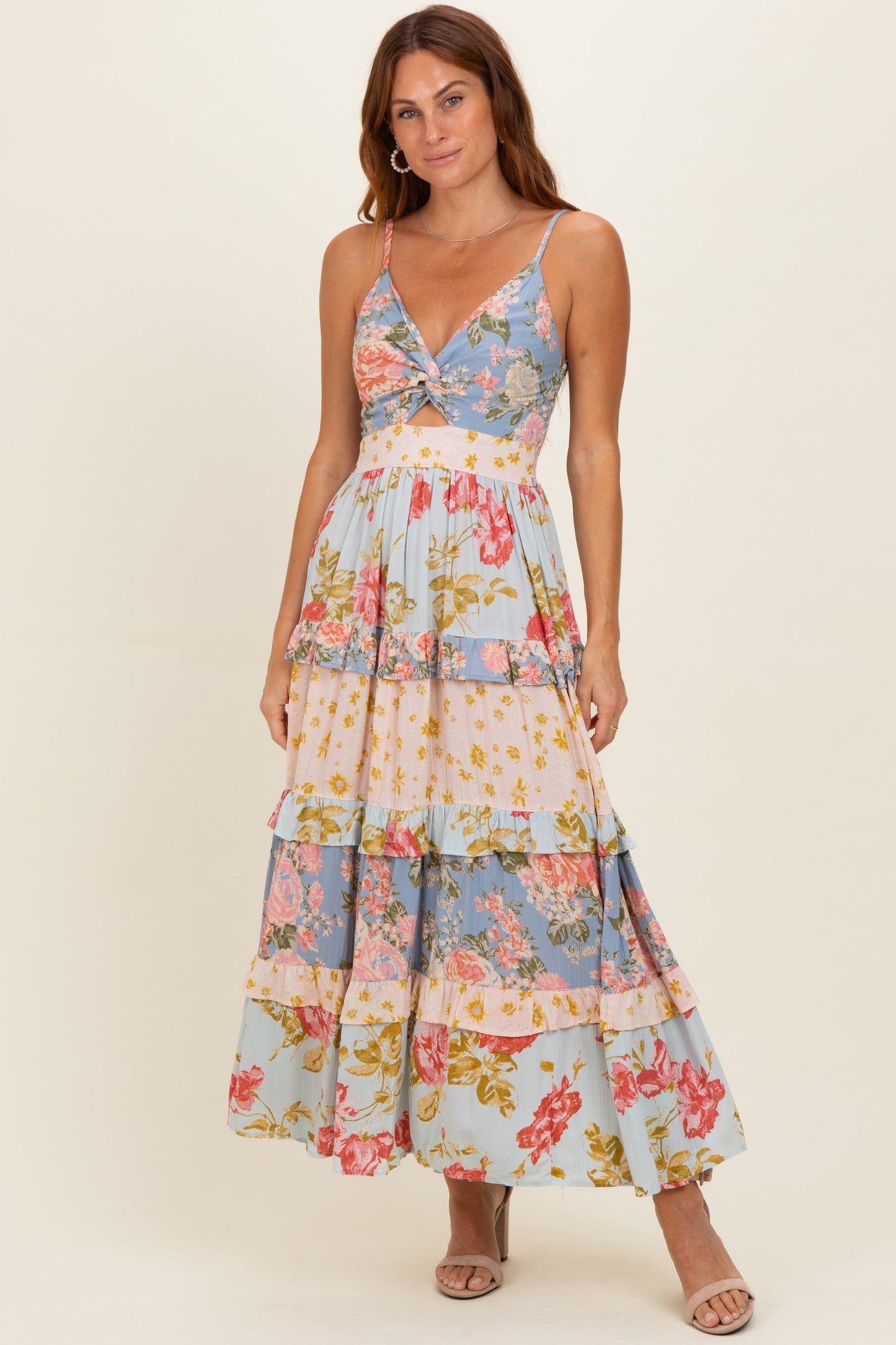 Multi V Neck Twist Front Tiered Maternity Maxi Dress