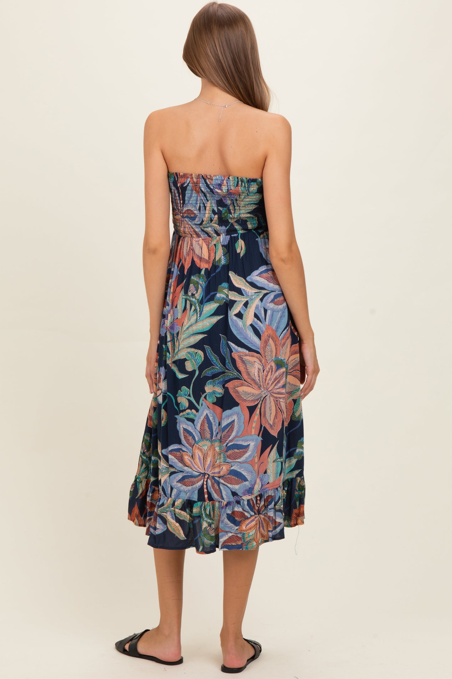 Navy Smocked Bodice Strapless Printed Maternity Midi Dress
