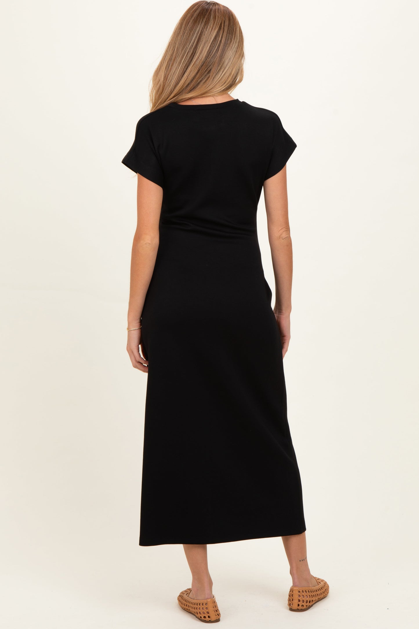 Black Side Tie Short Sleeve Maternity Midi Dress