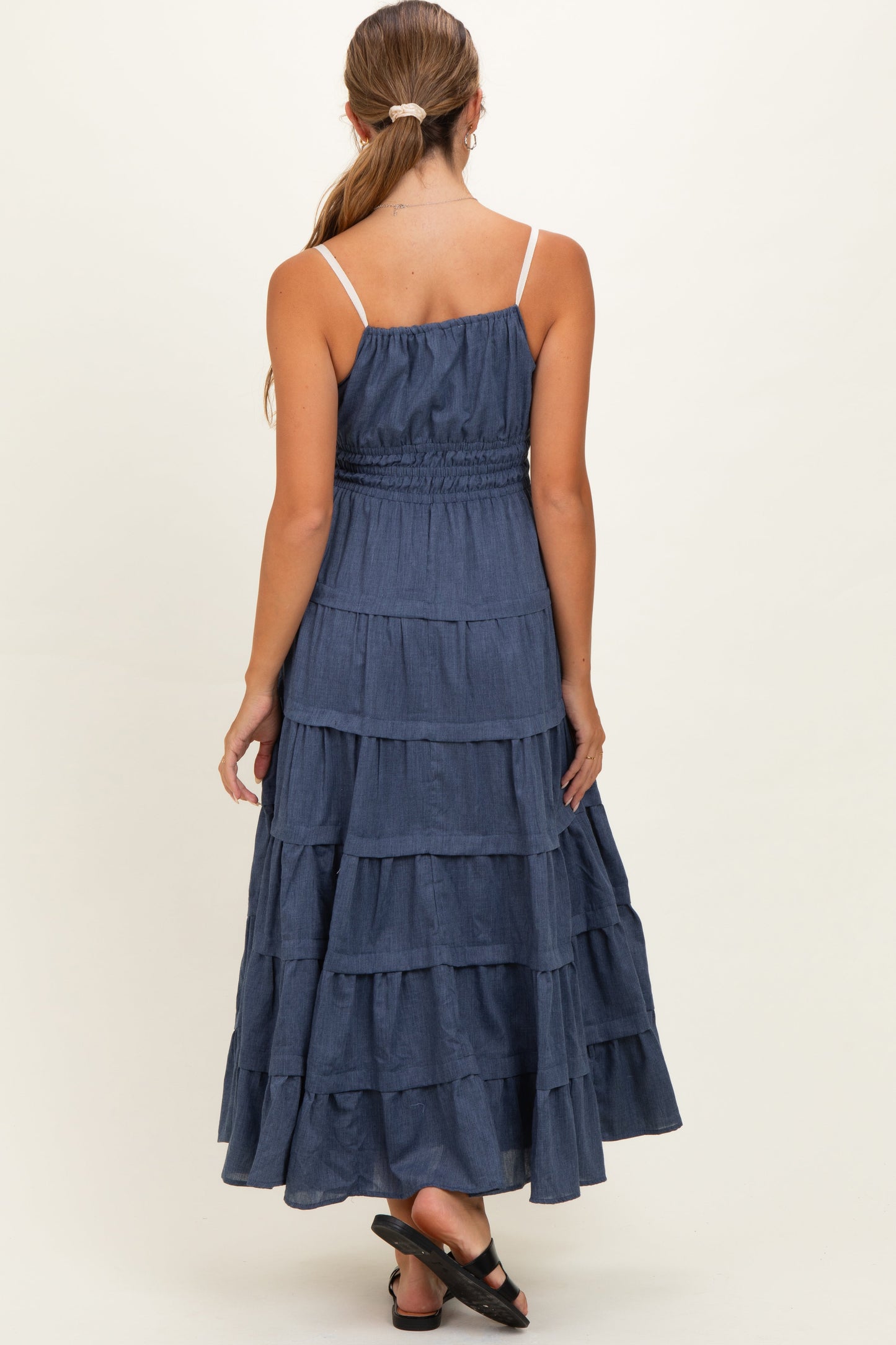 Denim Blue Smocked Waist Tiered Maternity Maxi Dress