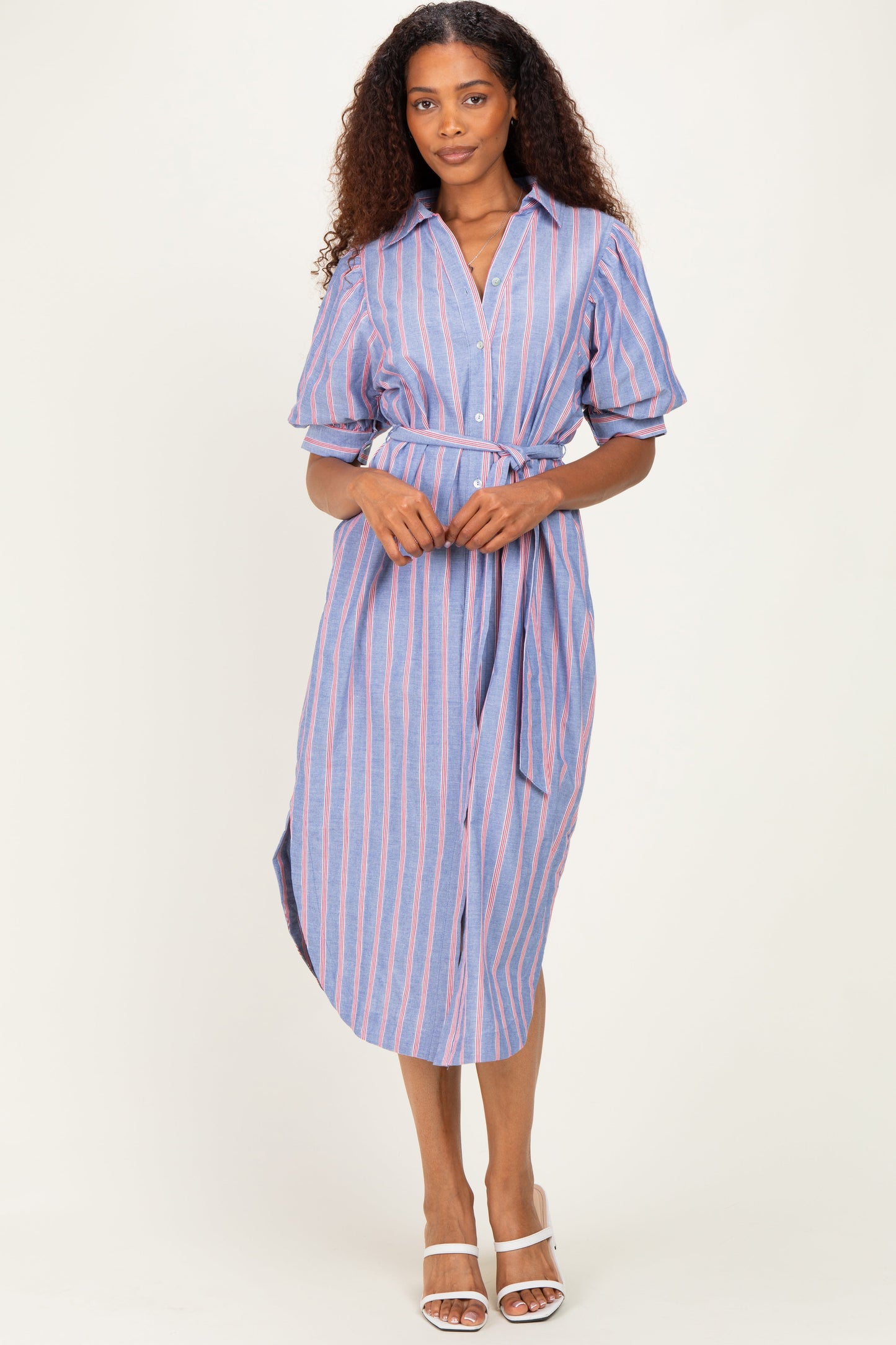 Blue Striped Puff Sleeve Maternity Midi Shirt Dress