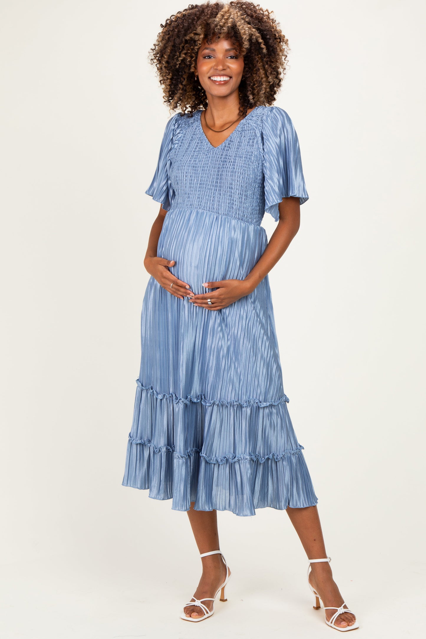 Blue Pleated Satin Smocked Maternity Midi Dress