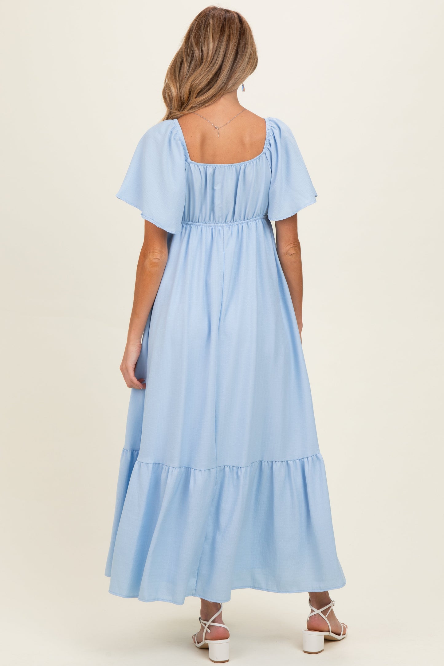 Light Blue Flutter Sleeve Ruffle Hem Maternity Maxi Dress