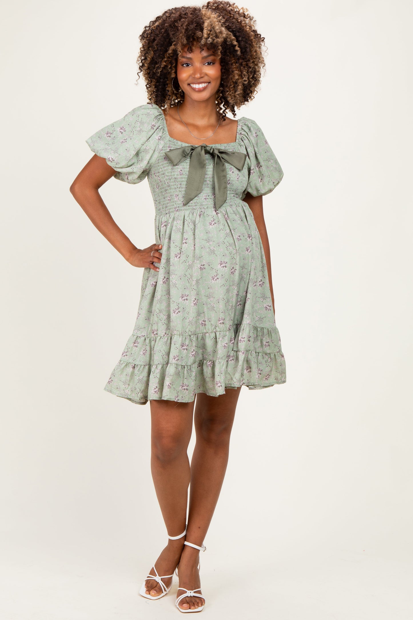 Sage Green Bow Smocked Bubble Sleeve Maternity Mini Dress