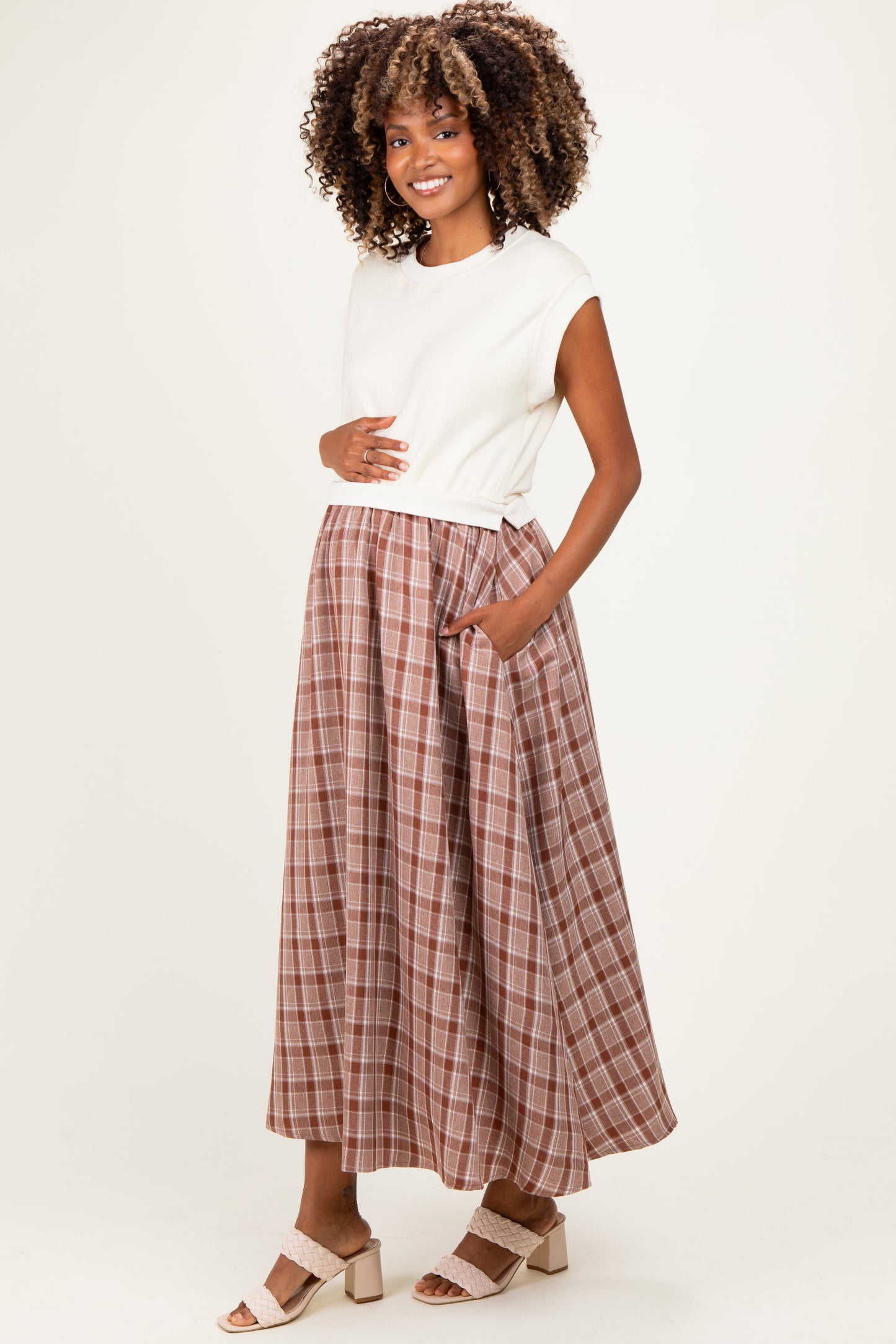 Cream/Mocha Plaid Cap Sleeve Maternity Midi Dress