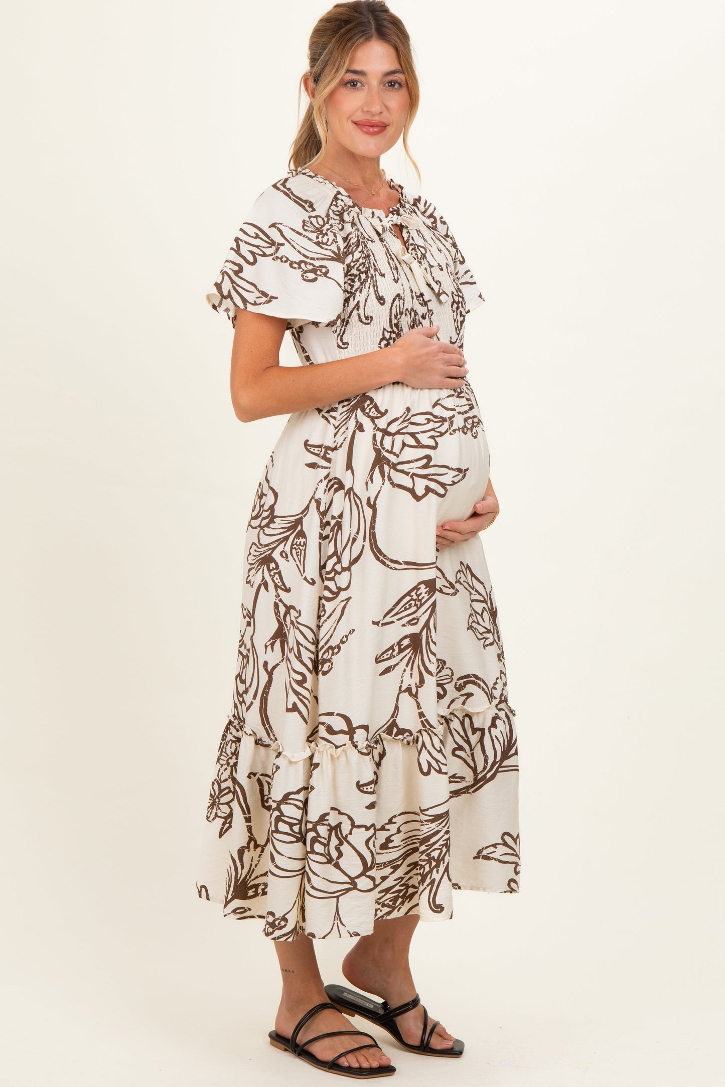 Taupe Floral Smocked Front Tie Maternity Midi Dress