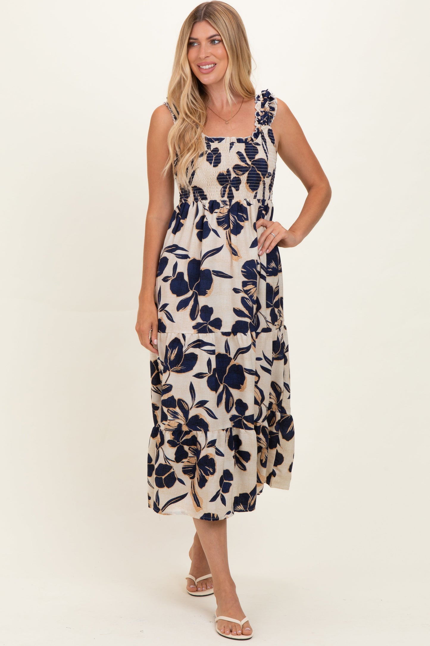 Navy Floral Smocked Tiered Maternity Midi Dress