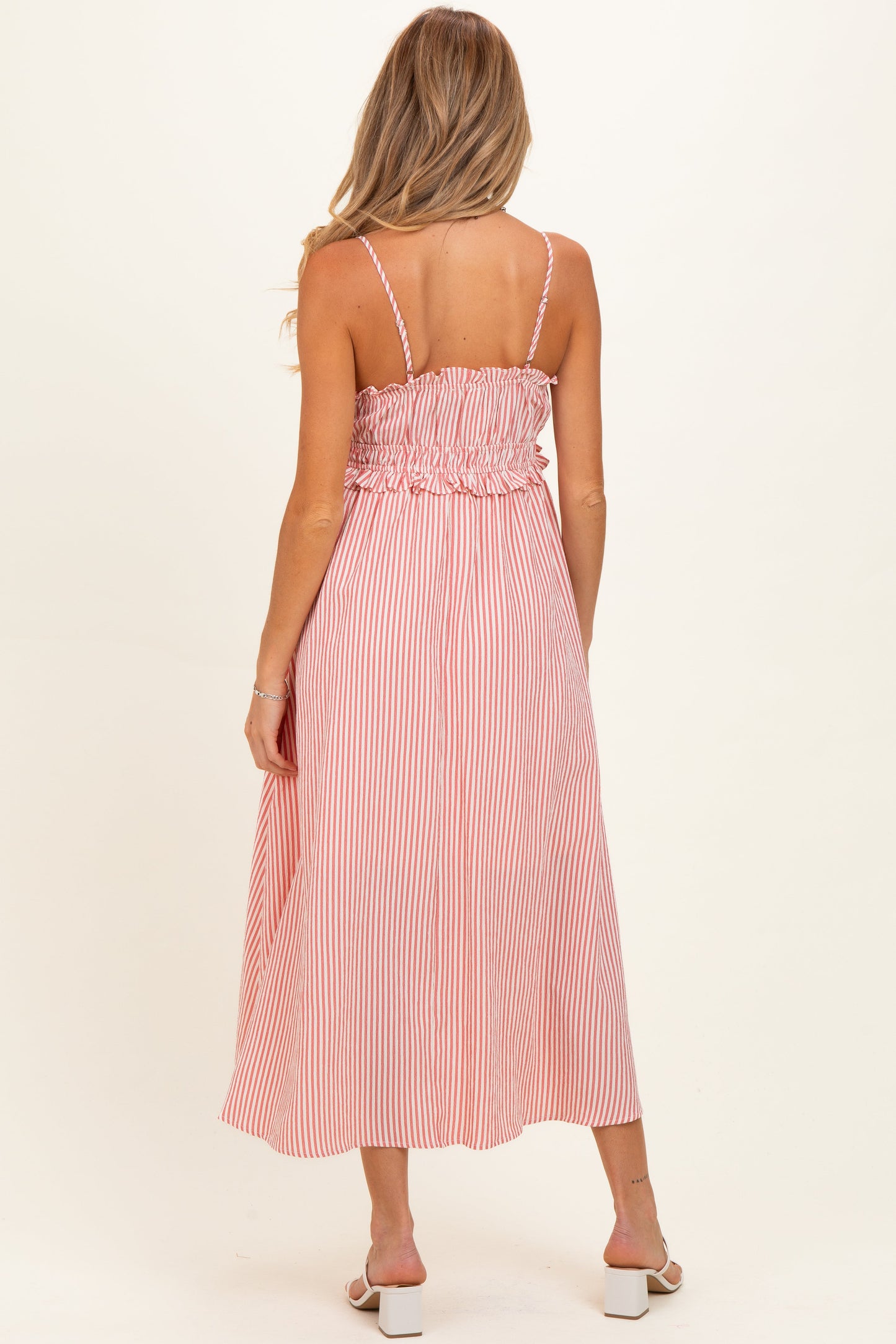 Red Striped Front Tie Cutout Ruffle Maternity Midi Dress