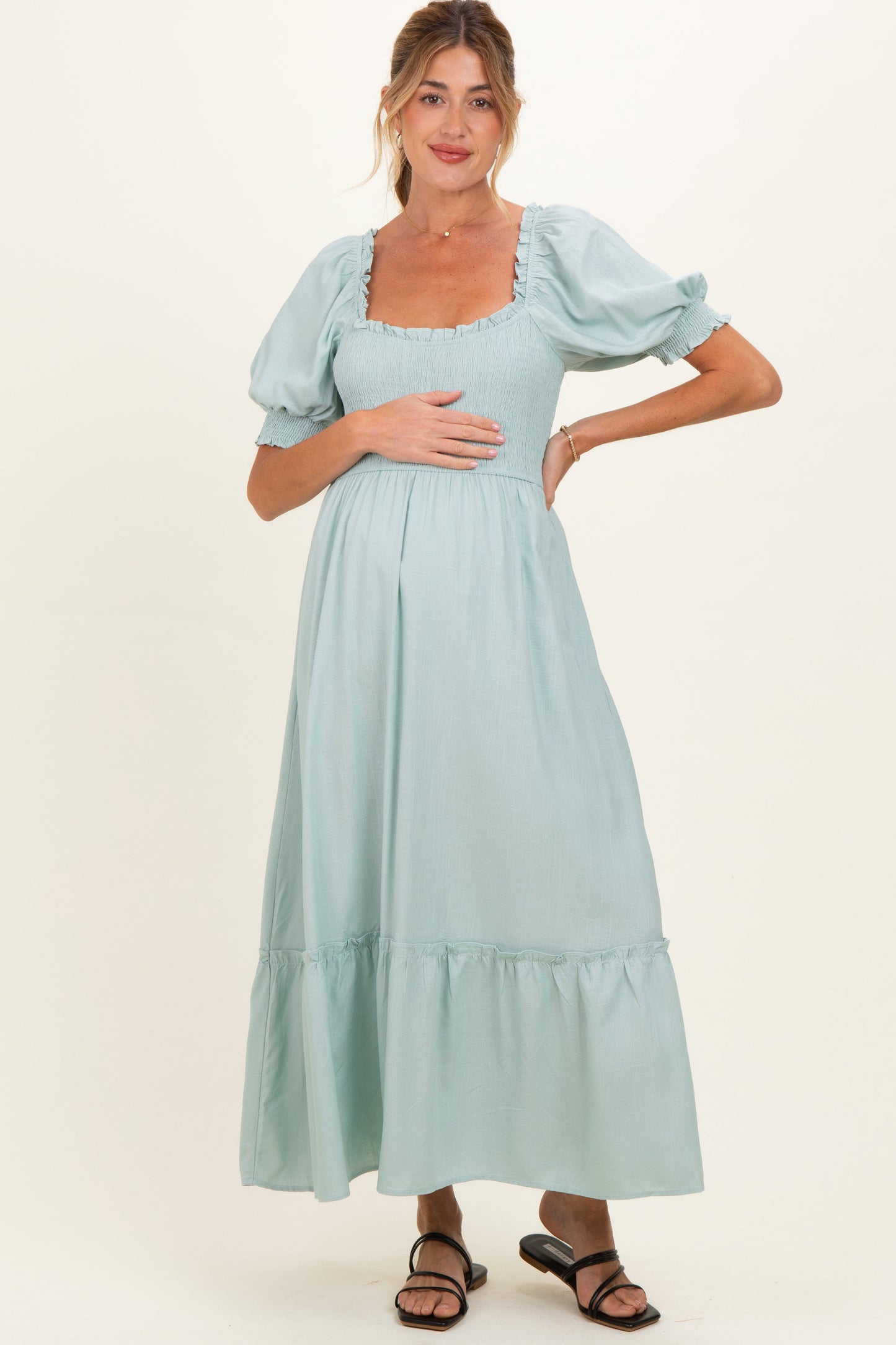 Sage Smocked Puff Sleeve Ruffle Trim Maternity Midi Dress
