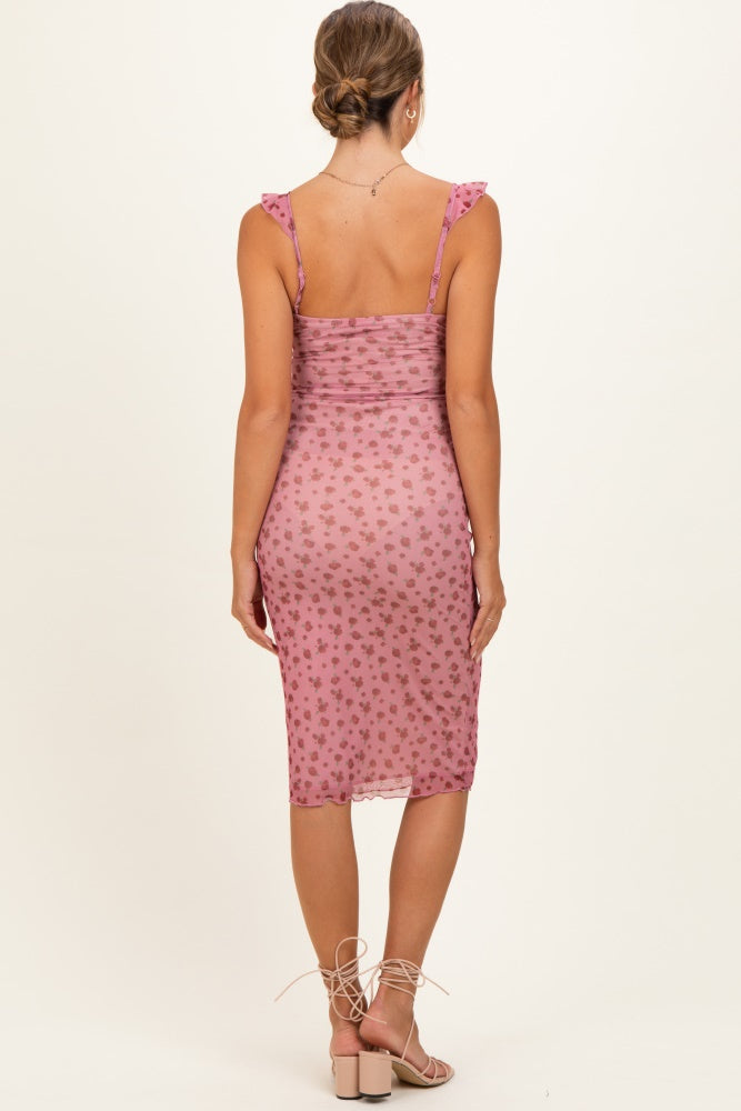 Smoke Rose Mesh Front Tie Maternity Midi Dress