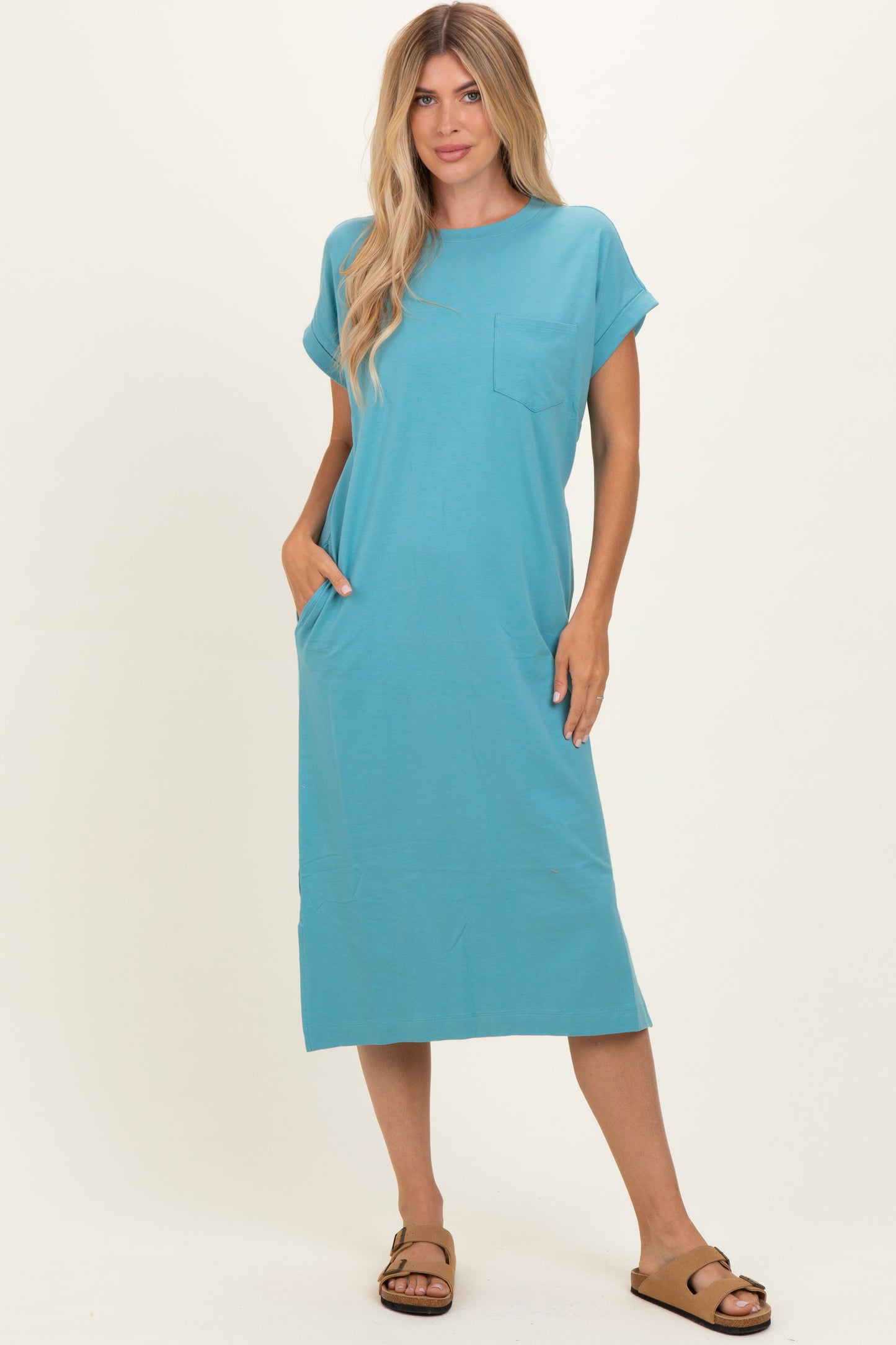 Dusty Teal Pocket Front Maternity Midi T-Shirt Dress