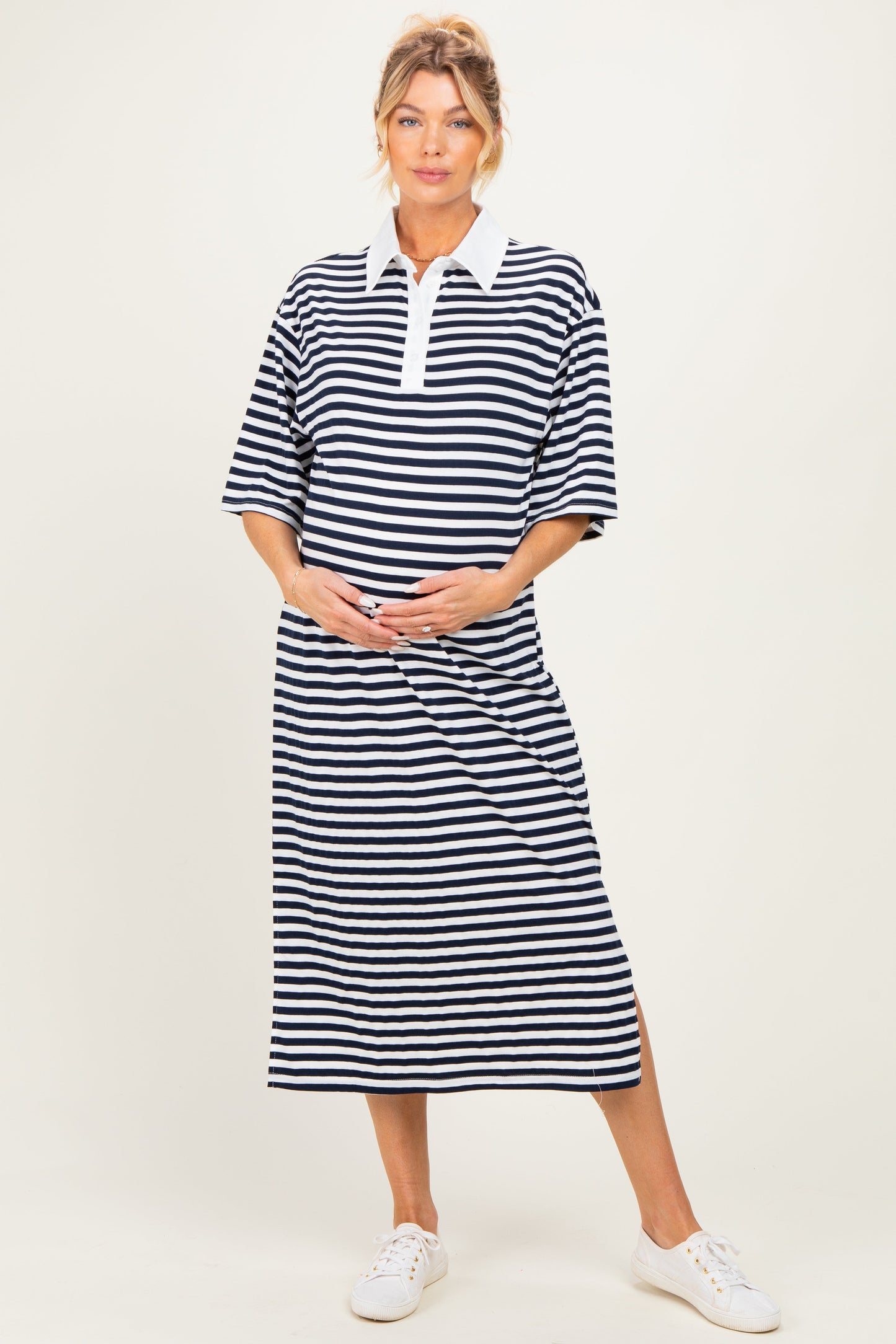 Navy Striped Oversized Maternity Polo Dress