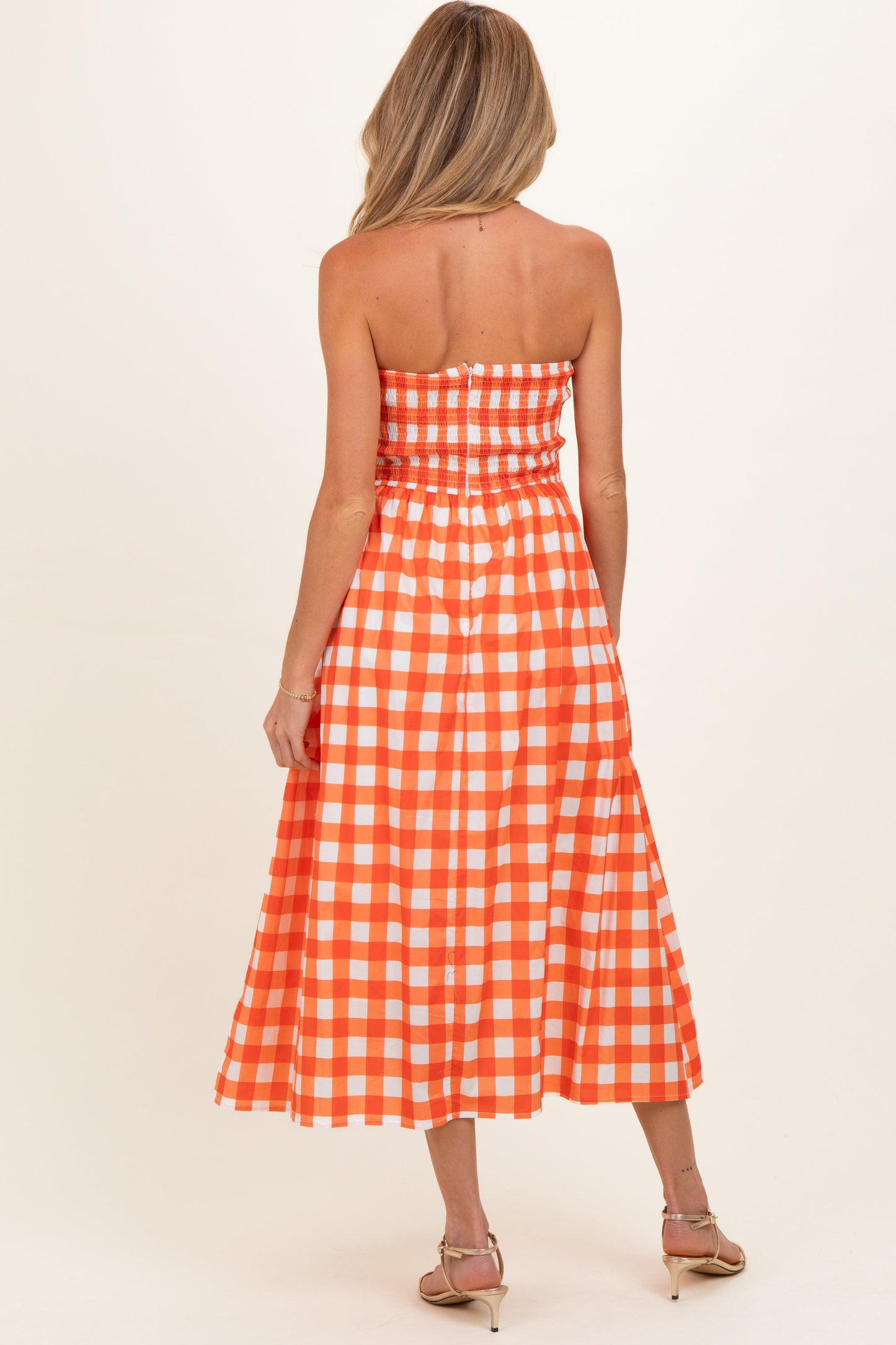 Orange Gingham Strapless Maternity Midi Dress