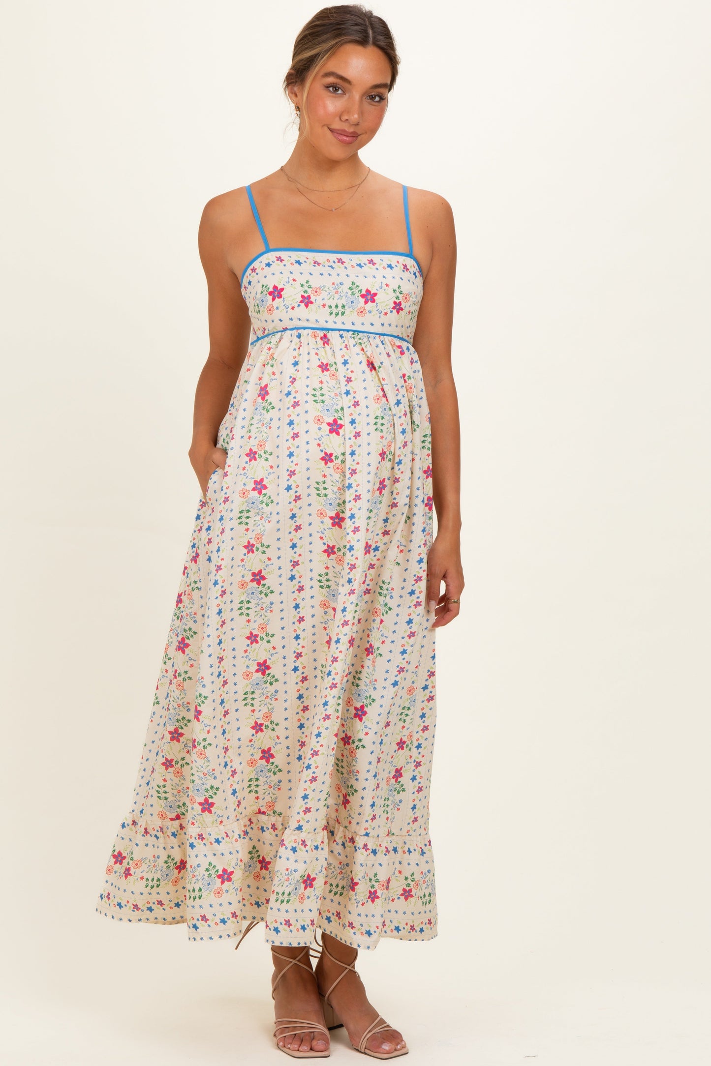 Creme Floral Sleeveless Maternity Maxi Dress