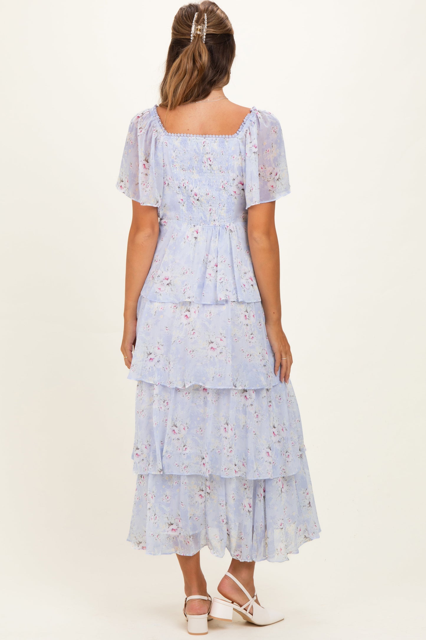 Periwinkle Floral Flounce Tiered Maternity Maxi Dress