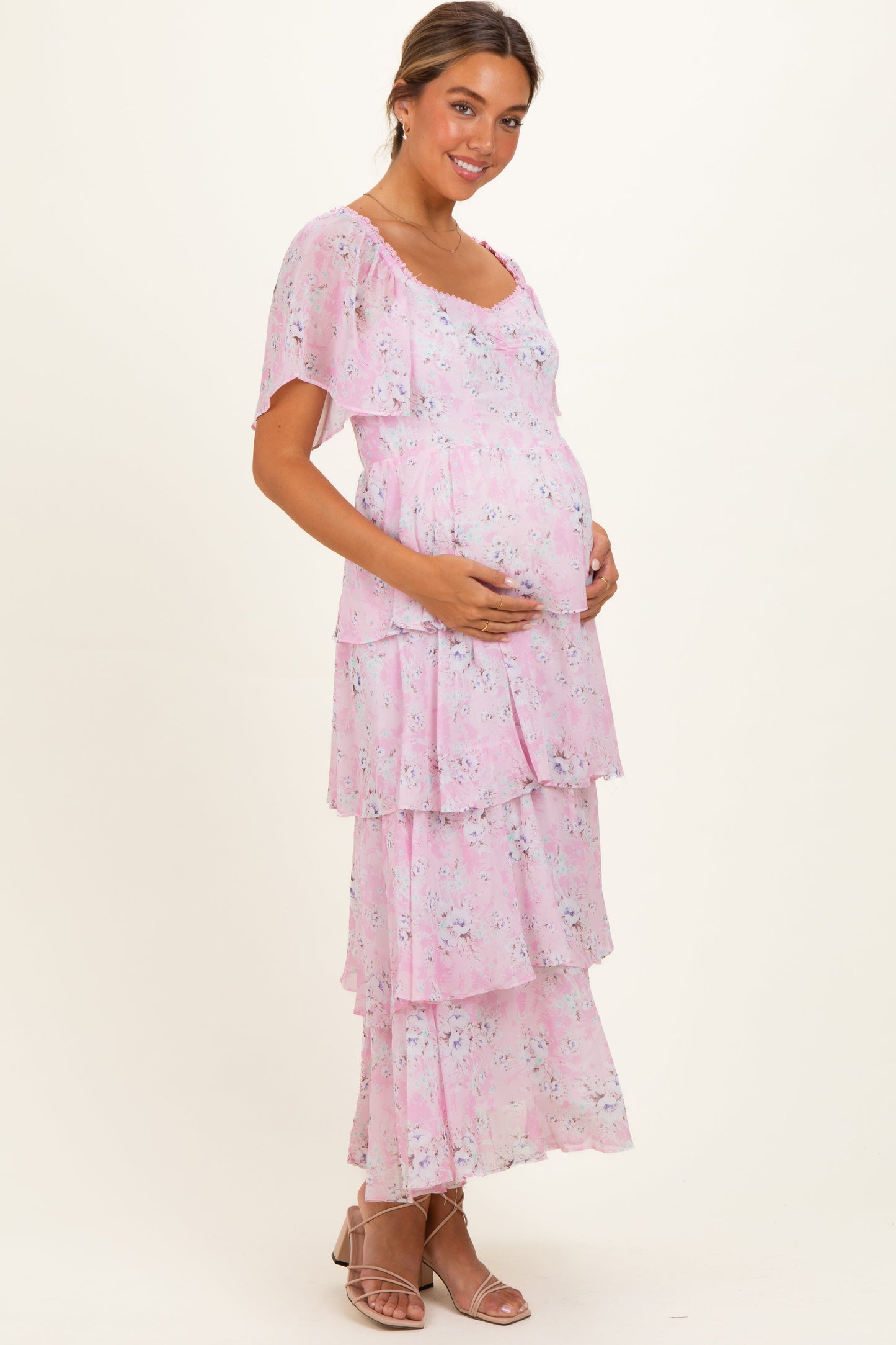 Sweet Pink Floral Flounce Tiered Maternity Maxi Dress