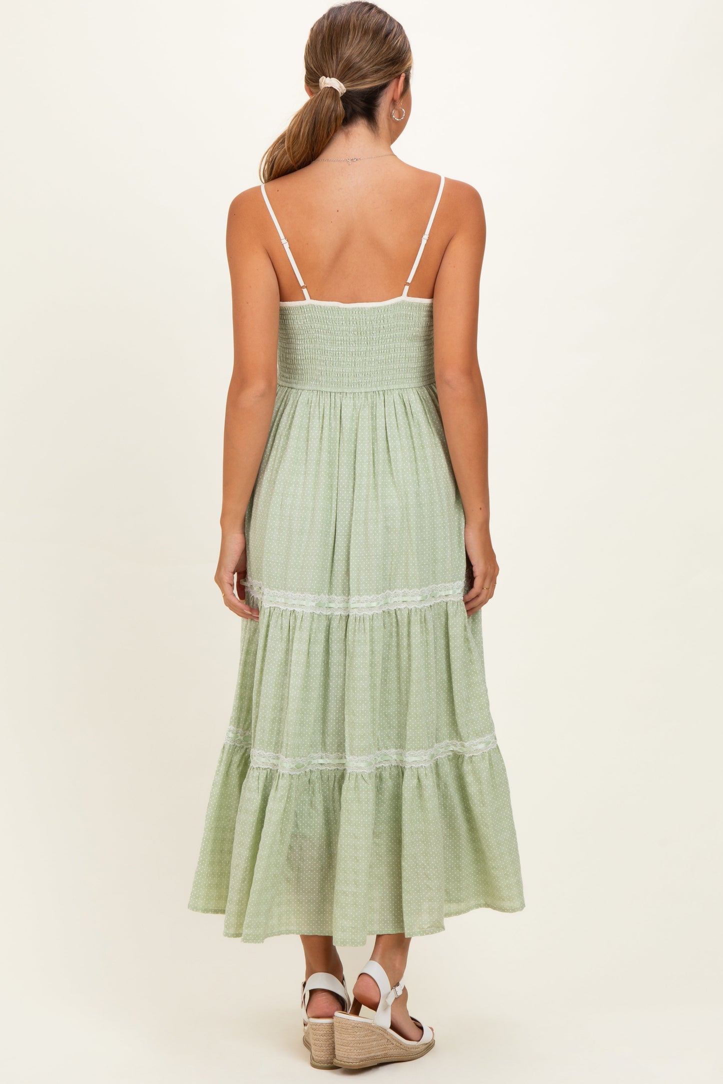 Mint Cream Printed Lace Tiered Maternity Maxi Dress