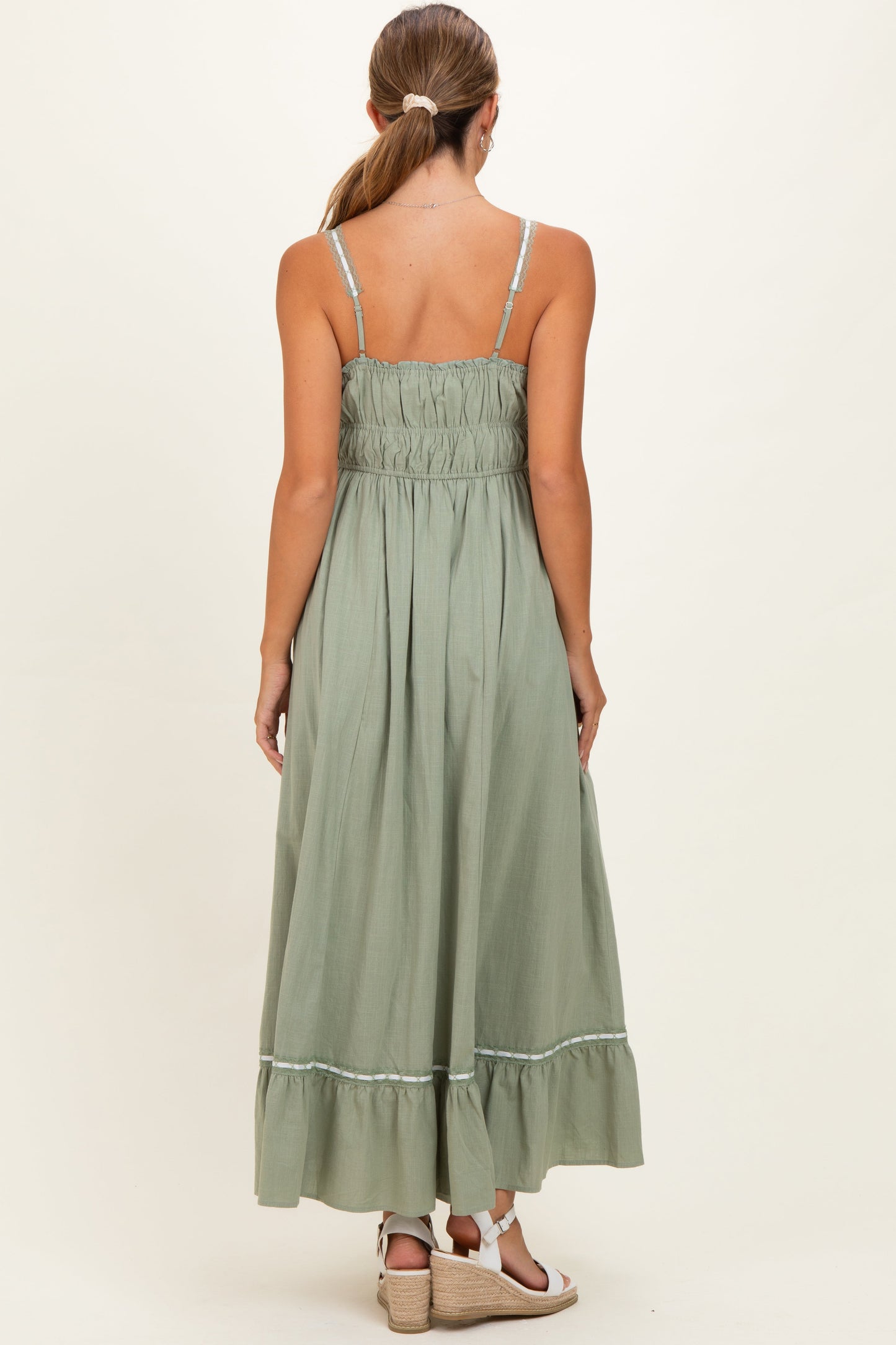 Light Olive Lace Ribbon Detail Maternity Maxi Dress
