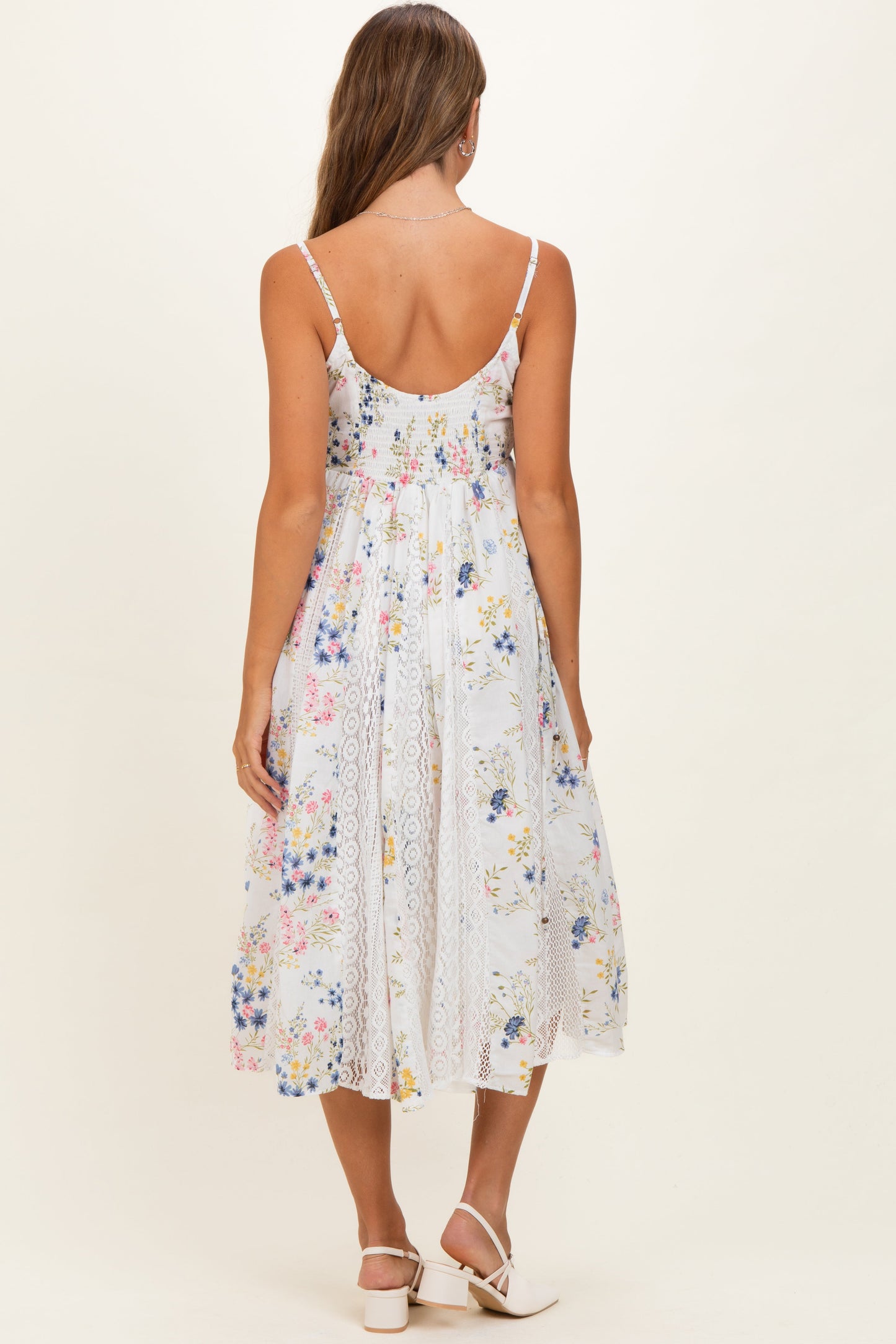 Ivory Pleated Side Tie Lace Accent Maternity Midi Dress