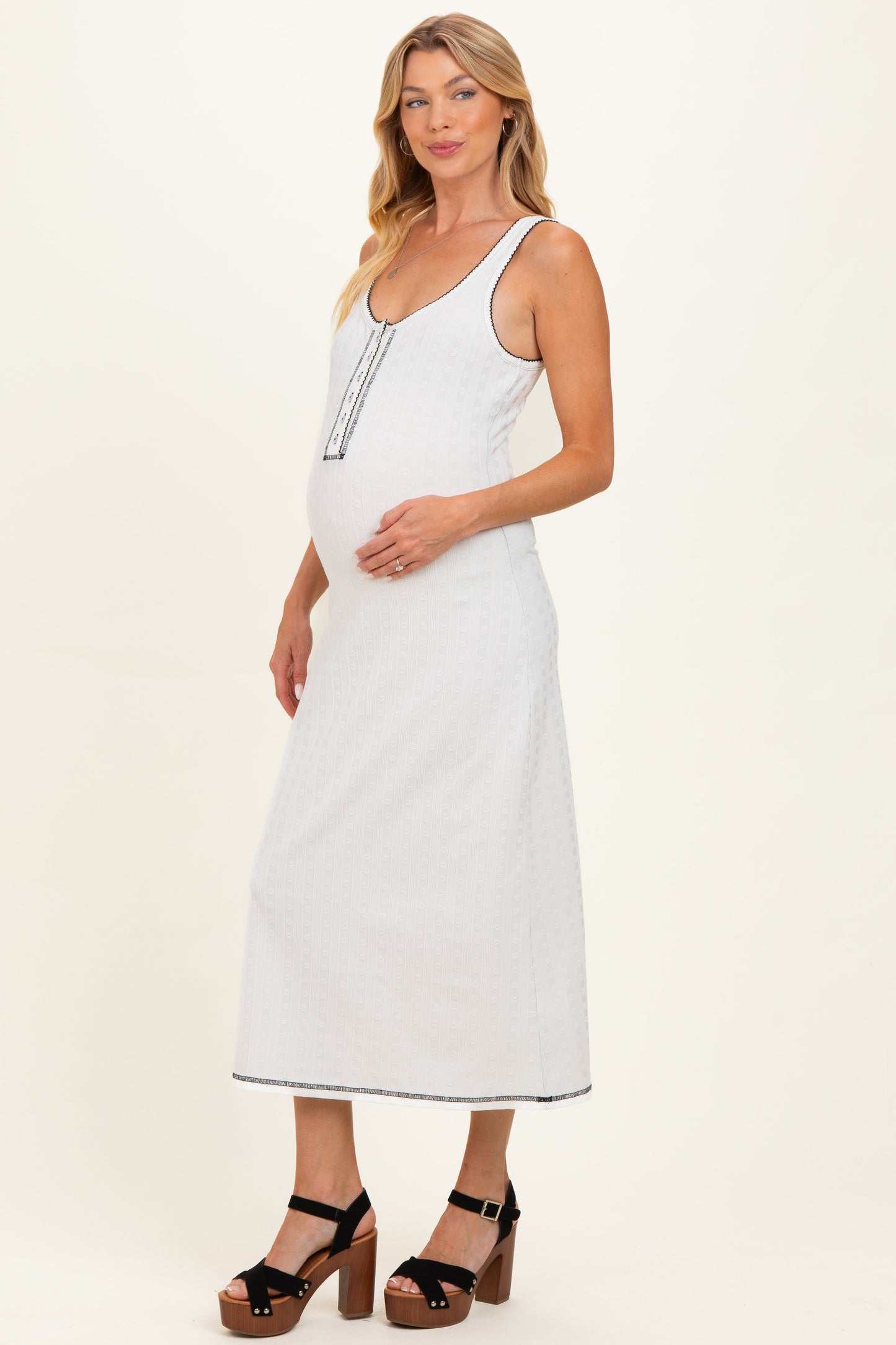 Off White Floral Textured Two Tone Rib Button Front Square Neck