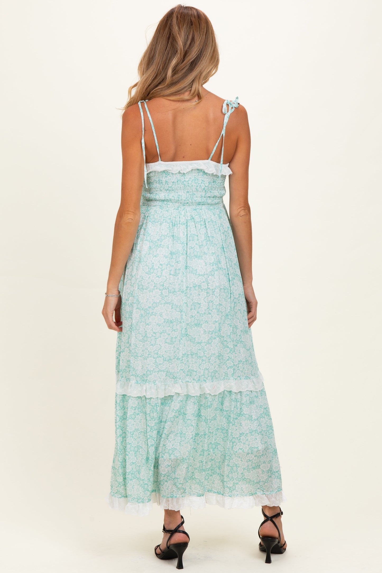 Jelly Mint Floral Shoulder Tie Ruffle Detail Maternity Maxi Dress