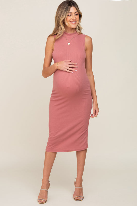 Mauve Ribbed Sleeveless Mock Neck Maternity Midi Dress