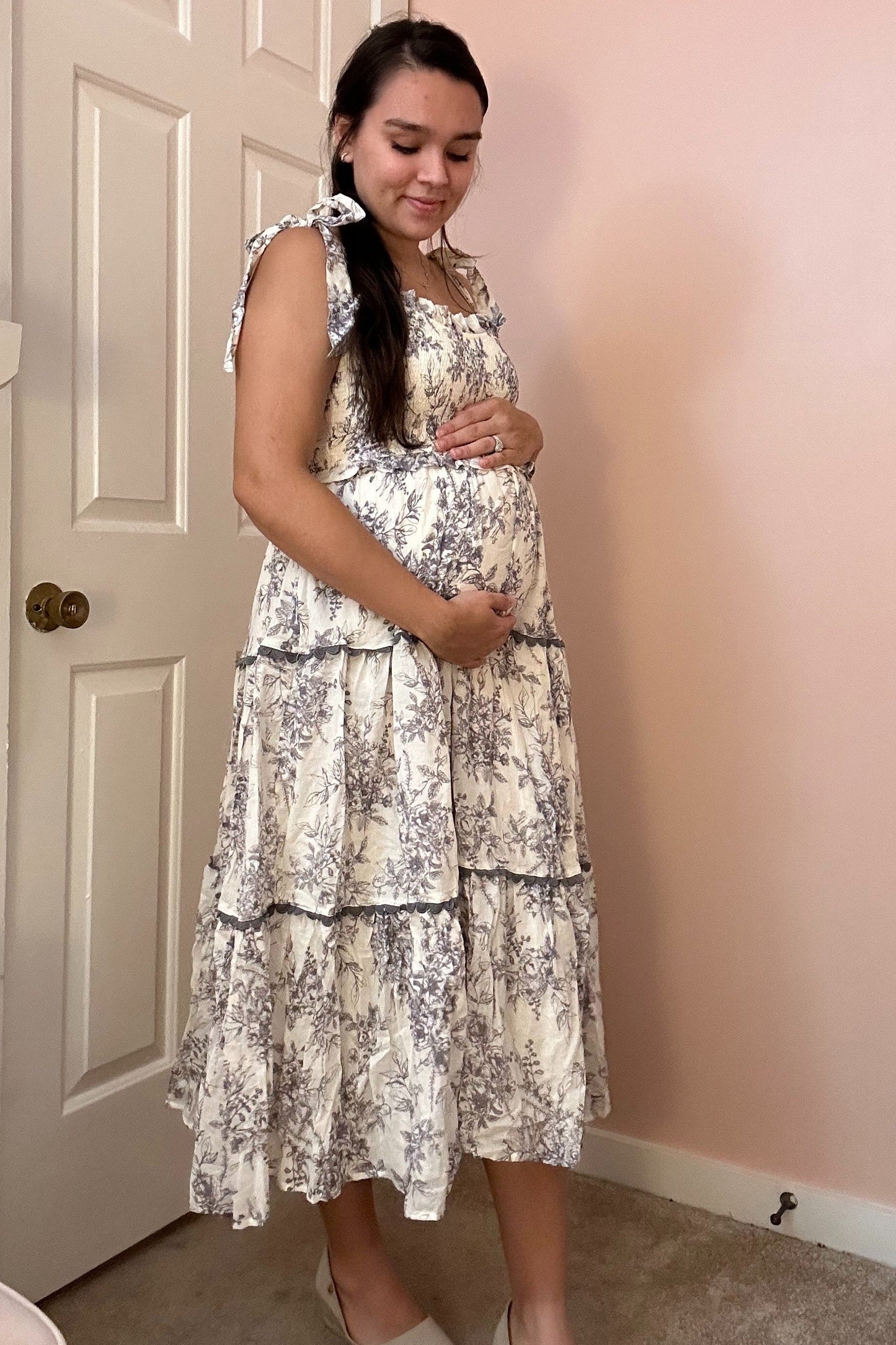 Charcoal Floral Sleeveless Ruffle Tiered Maternity Midi Dress