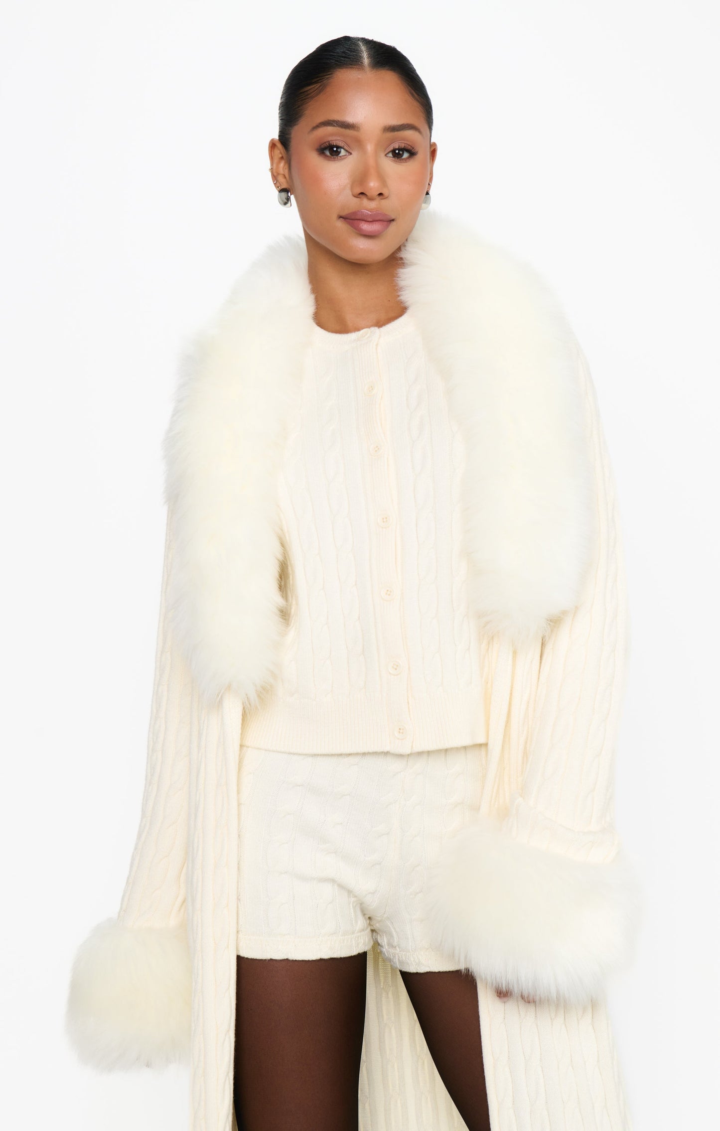 Stormi Cardigan ~ Snow Cable Knit with Faux Fur